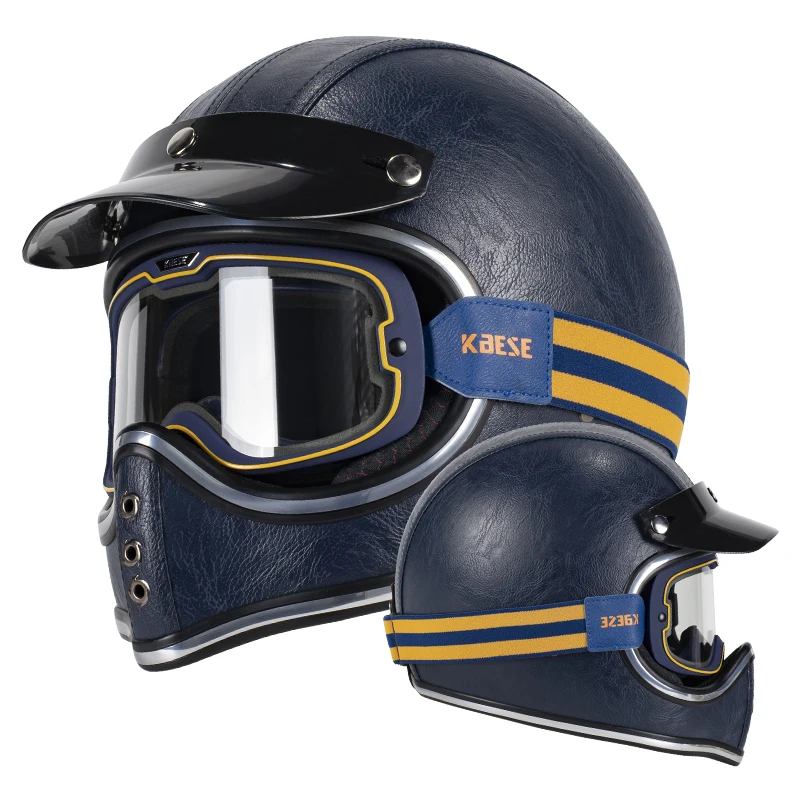 

Classic Dark blue Fiberglass Full Face Helmet Vintage leather motorcycle helmet with Photochromic Goggles DOT ECE Safety