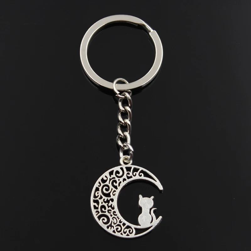 Fashion Keychain 30x25mm Moon Cat Silver Color Pendants DIY Men Jewelry Car Key Chain Ring Holder Souvenir For Gift