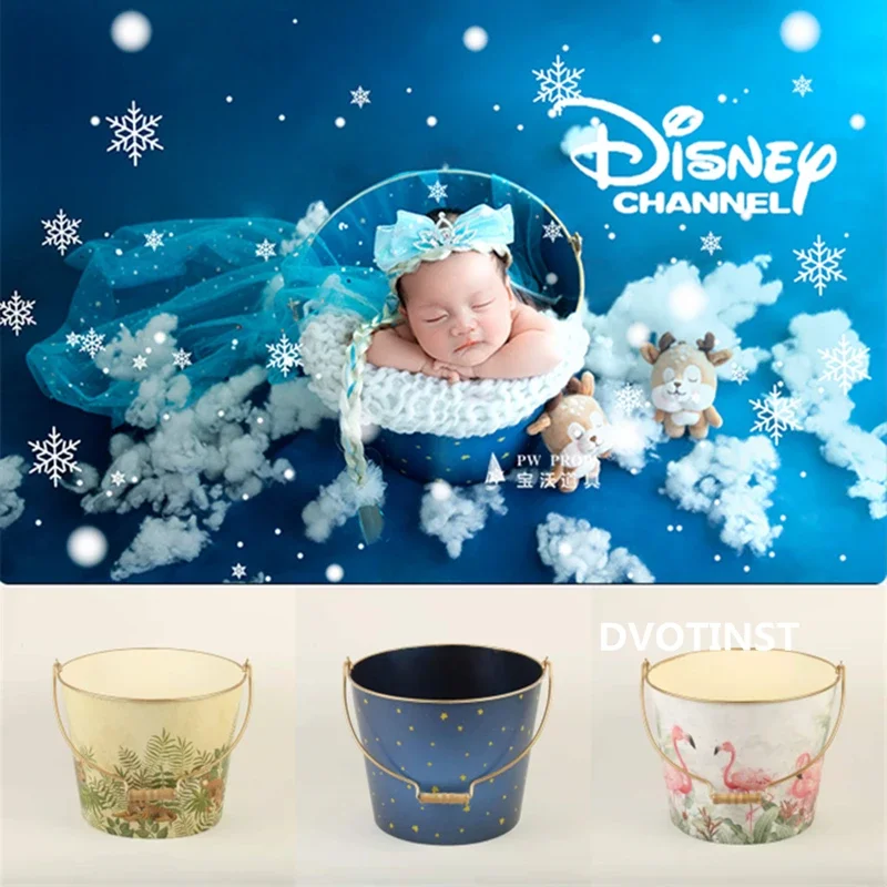 

Newborn Baby Photography Props Vintage Iron Round Bucket Posing Tub Print Fotografia Accessories Studio Photoshoot Photo Props