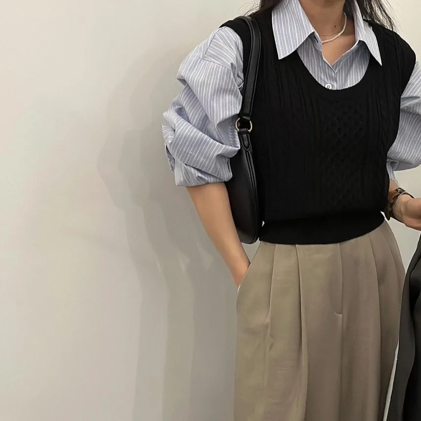 Damska bluzka w paski, elegancka, idealna na wczesną wiosnę, do noszenia warstwowo, długa, z kołnierzykiem, w stylu vintage, do noszenia pod ubraniem, modna na wiosnę i jesień.