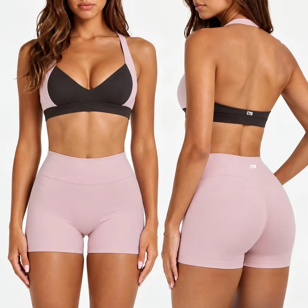 CS-B Women Color Block Halter Sports Bra Fold Waist Flared Yoga Pants Biker Shorts Soft Stretch Pilates Gym Workout Activewear