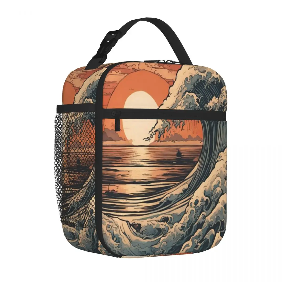 Bestselling Japanese Art Style Great Wave Sunset Single Layer Cooler Lunch Bag Urban Commute Picnic Lunch Bag