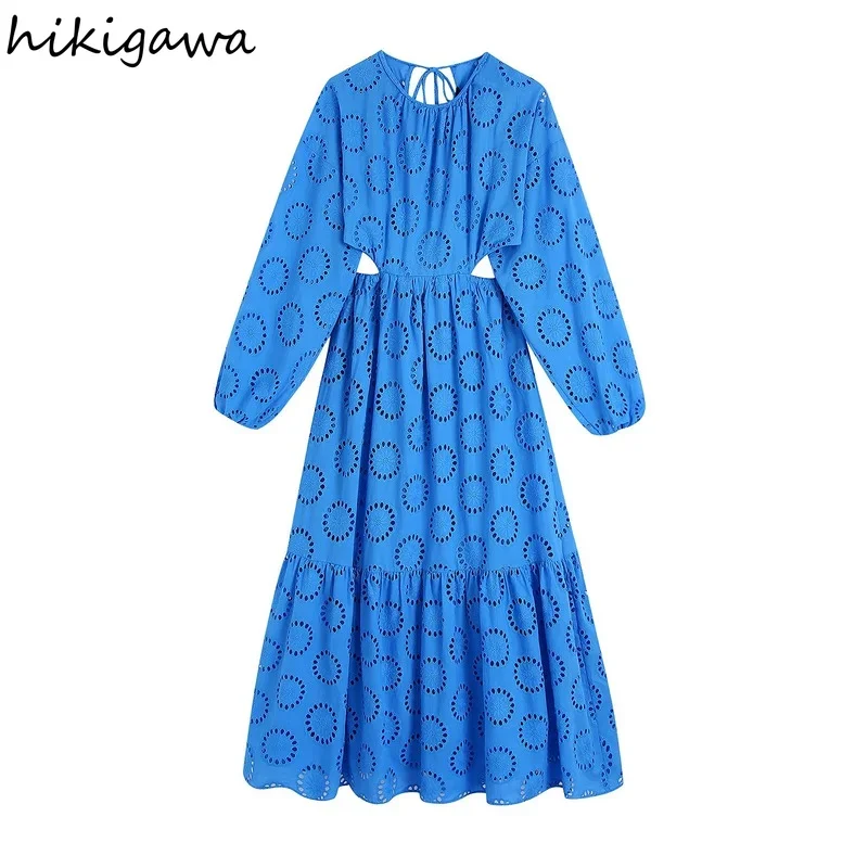 Hikigawa Women Fashion With Thin Tied Hollow Embroideried Maxi Dress Vintage Long Sleeve Backless Female Dresses Vestidos Mujer