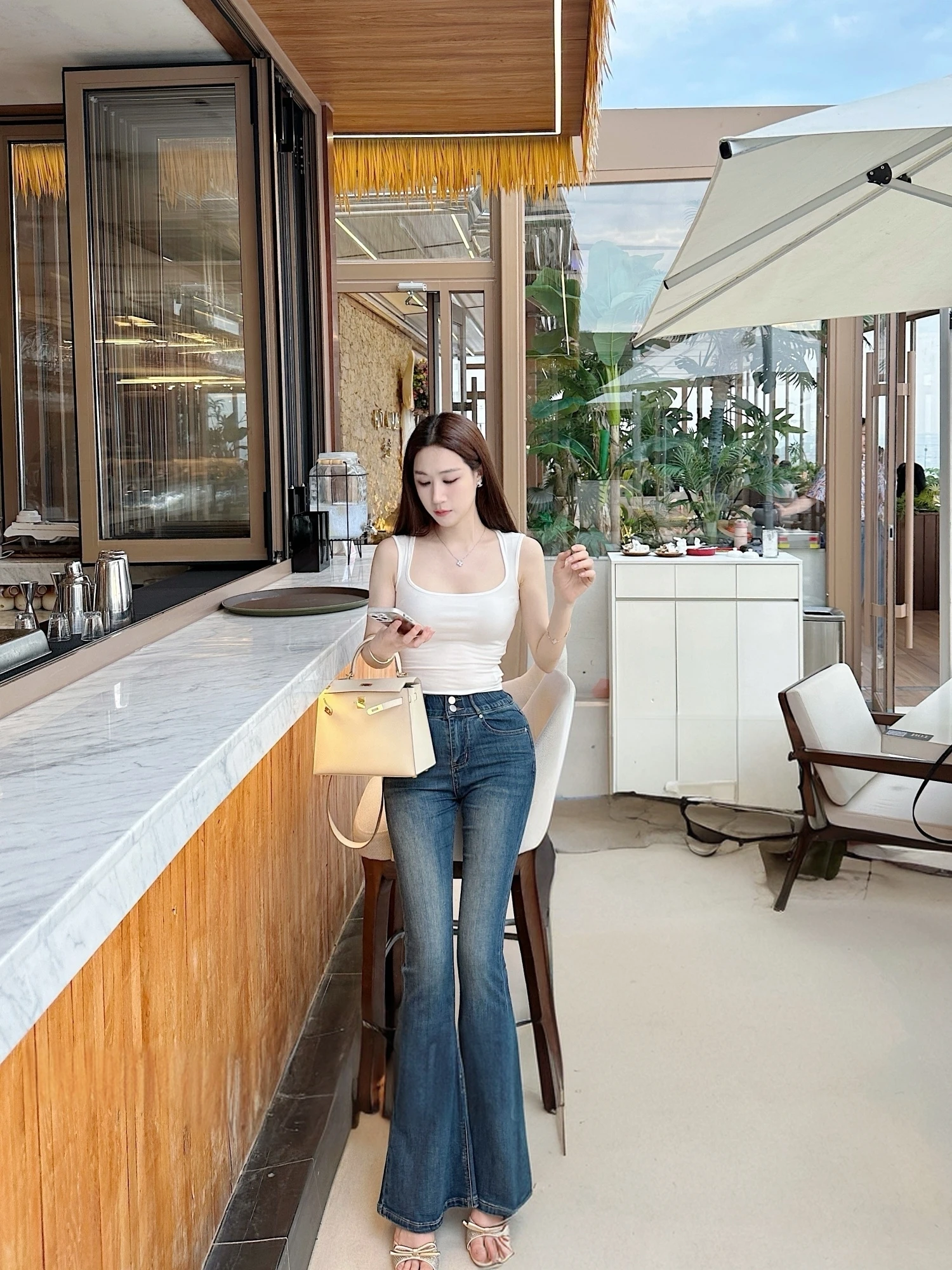 

Deep Blue High Waist Double Bule Women's Jeans Retro Wa Elastic Slimming Micro Flared Long Trousers Casual Sle