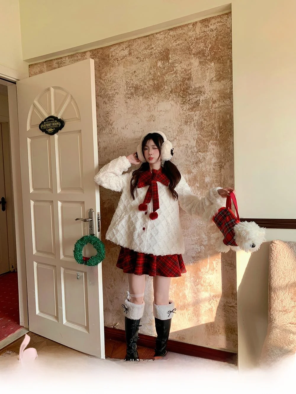 

Lamb Fur Coat Women's Winter Cute Loose Sweater New Year's Outfit White Woolen Coat Thiened Polyester Long Sve Pure Color