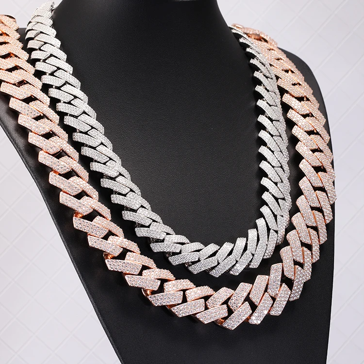 Heavy Luxury Magique Wide 26mm 3rows Iced Out Solid Sterling Silver Gra Moissanite Rose Gold Cuban Link Chain