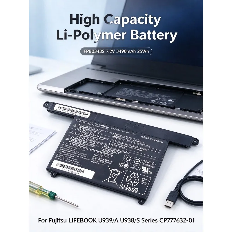 FPB0343S 7.2V 3490mAh 25Wh FPCBP544 Replacement Li-Polymer Laptop Battery for Fujitsu LIFEBOOK U939/A U938/S Series CP777632-01