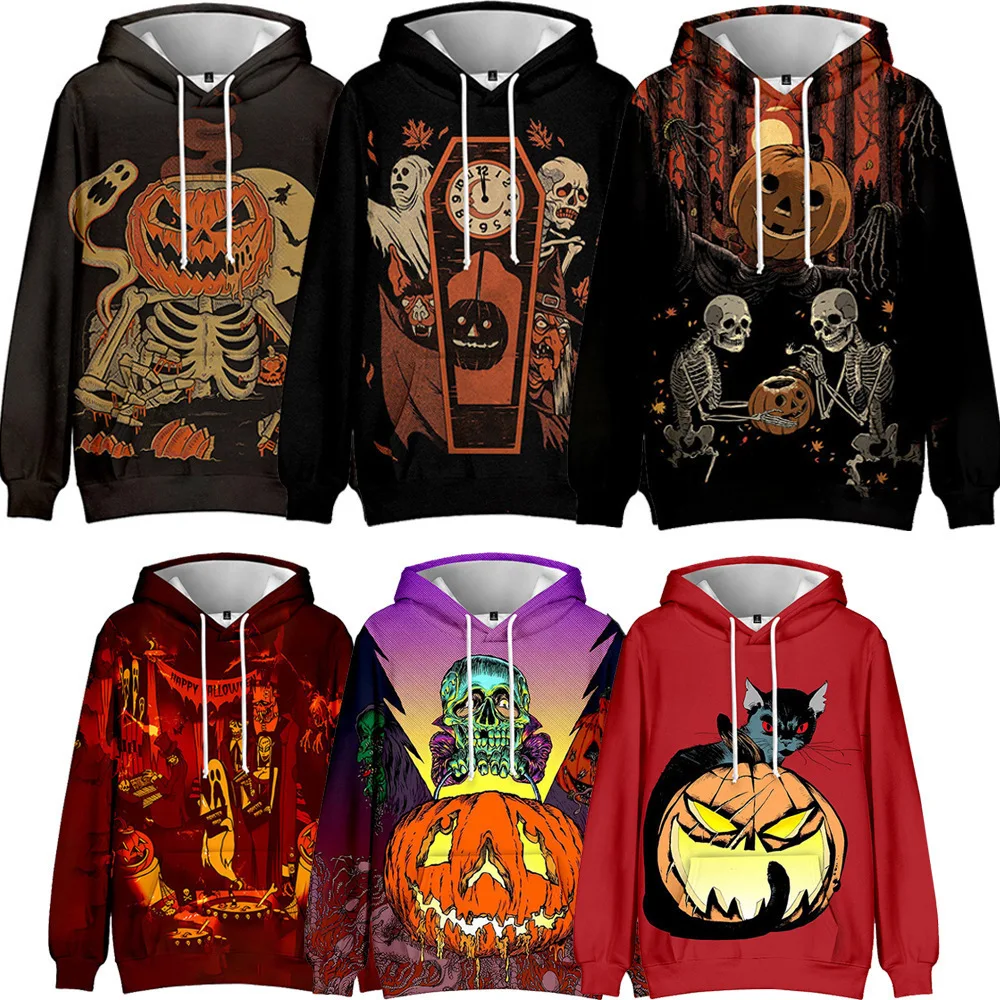 

2023 New Halloween Sweater Scary Skull Head Pumpkin 3D Digital Print Men's and Women's Autumn/Winter Hooded Hooded Sweater A02