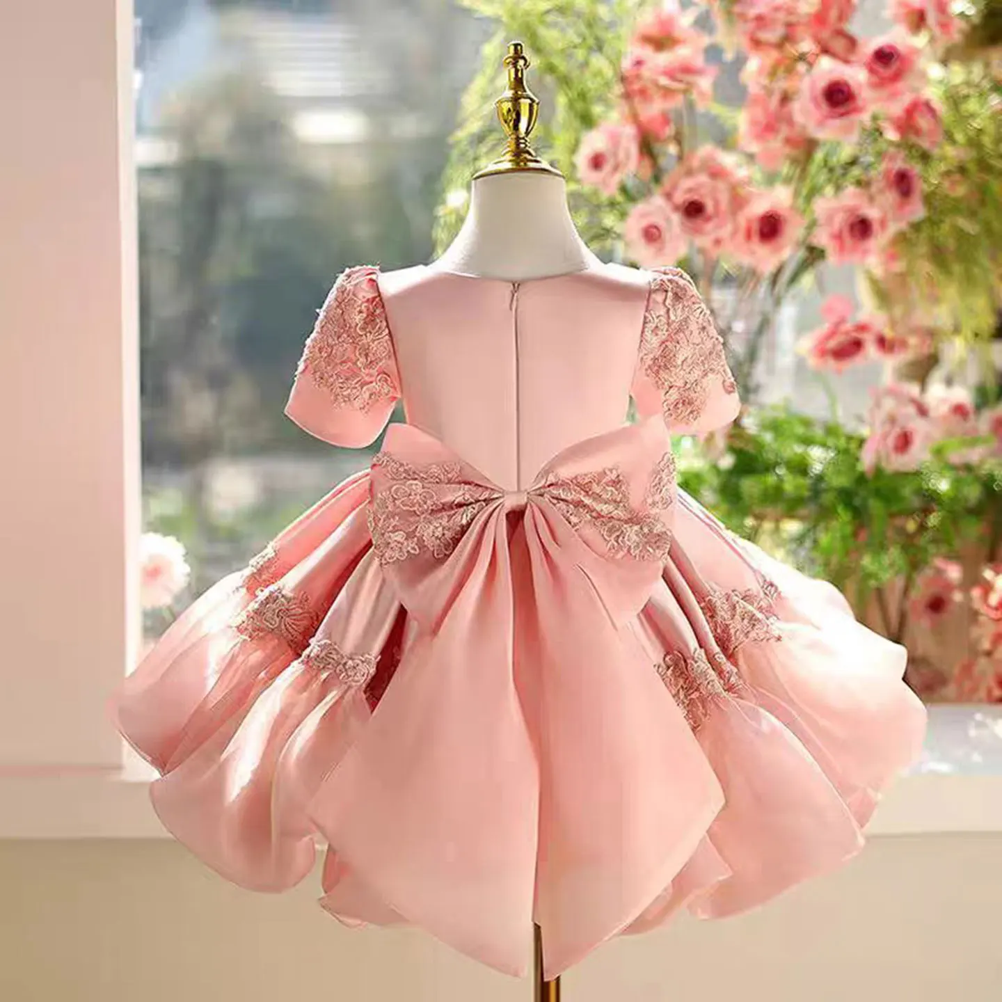 Jill Wish J455 White Children Satin Puffy Flower Girl Dress Knee Length Princess Baby Wedding 1st Birthday Party Holiday Gown