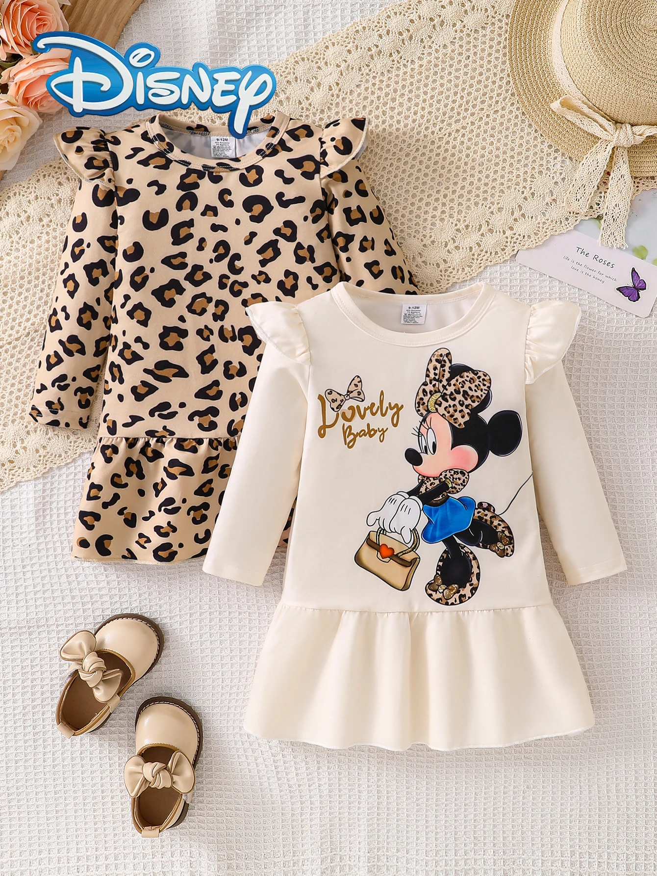 

2Pcs【Officially Licensed】Disney Exclusively Developed Mickey Mouse Autumn/Winter Long-Sleeve Dress Two-Pack, Featuring Minnie Mouse Leopard Print All-Over Cartoon Pattern, Slightly Stretchy, Suitable for Girls' Daily Wear, Great Gift Choice