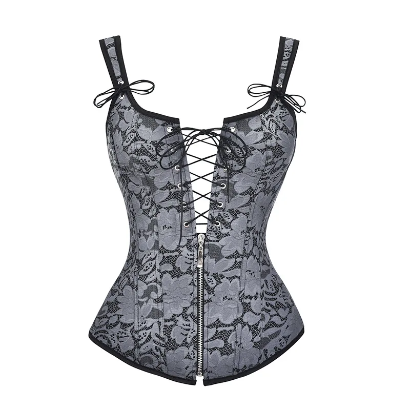 

Grey Front Zipper Lace Up Vintage Steampunk Corset Top Woman Sexy Corsets With Straps Gothic Bustier Overbust Corselet Medieval