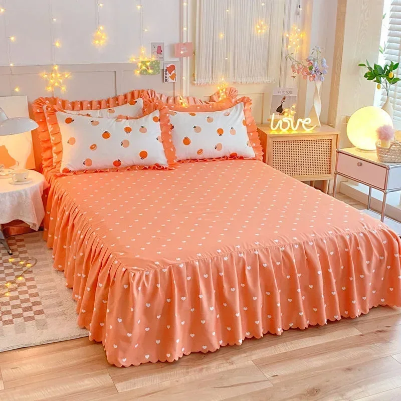 

Cartoon Orange Bedding Set Princess Ins Flower Bed Skirt With Lace Girls Kids Duvet Cover For Home Bedrooom Decor