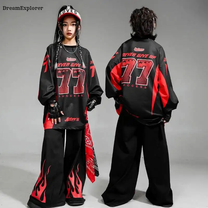 Black Hop Hip Contrast Sweatshirt Fire Joggers Pants Women K-pop Street Dance Costumes Jazz Clothes Sets Halloween Streetwear