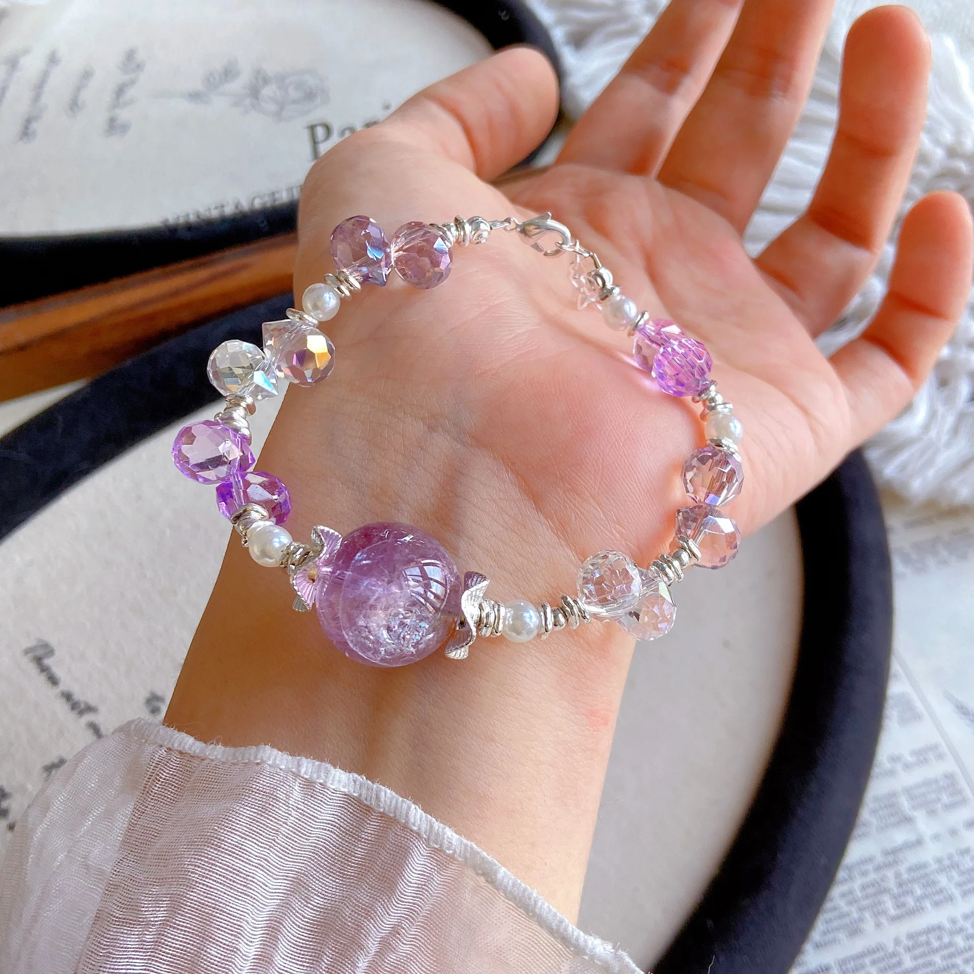 Chinese Style Lucky Natural Purple Azeztulite Clear Quartz Faceted Beads Dainty Bracelet For Women Blessing Wealth Good Luck Fas