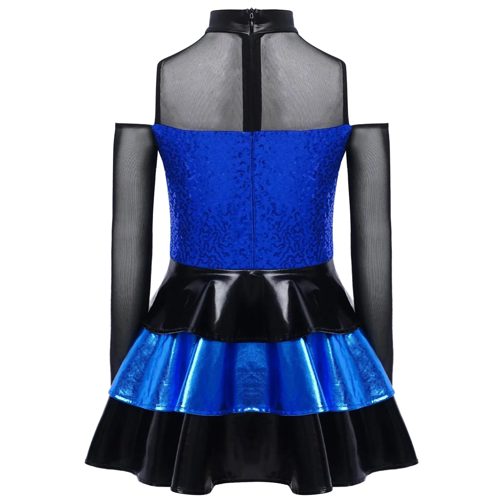 女の子用キラキラ輝くスパンコールモダンジャズダンスドレス長袖コールドショルダーティアードフリルバレエドレスヒップホップチャチャ社交ダンス衣装