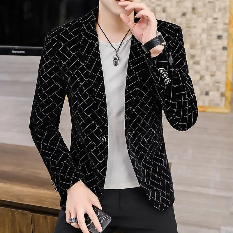 Blazer New Men\'s Fashion Business Gentleman Wedding British Style Work Print Corduroy Outdoor Casual Slim Fit Blazer