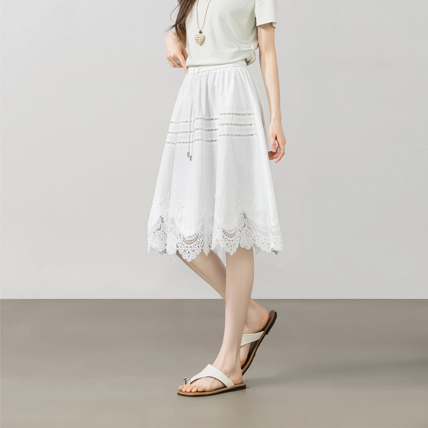 SENTUBILA White Commute Hollow Out Lace Trim Skirt Women 2026 Summer Simple Elastic Waist Drawstring A-Line Skirt 162QG7131