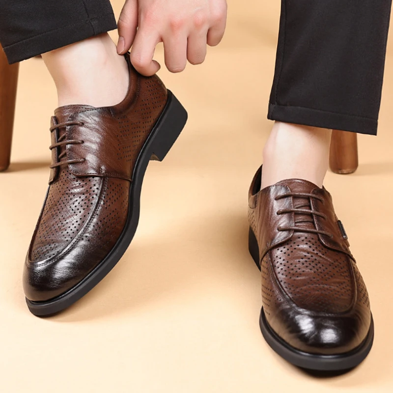 

Mens Brown Burnished Genuine Leather Perforated Metal Decor Lace Up Formal Business Office Breathable Summer Fashion Simple