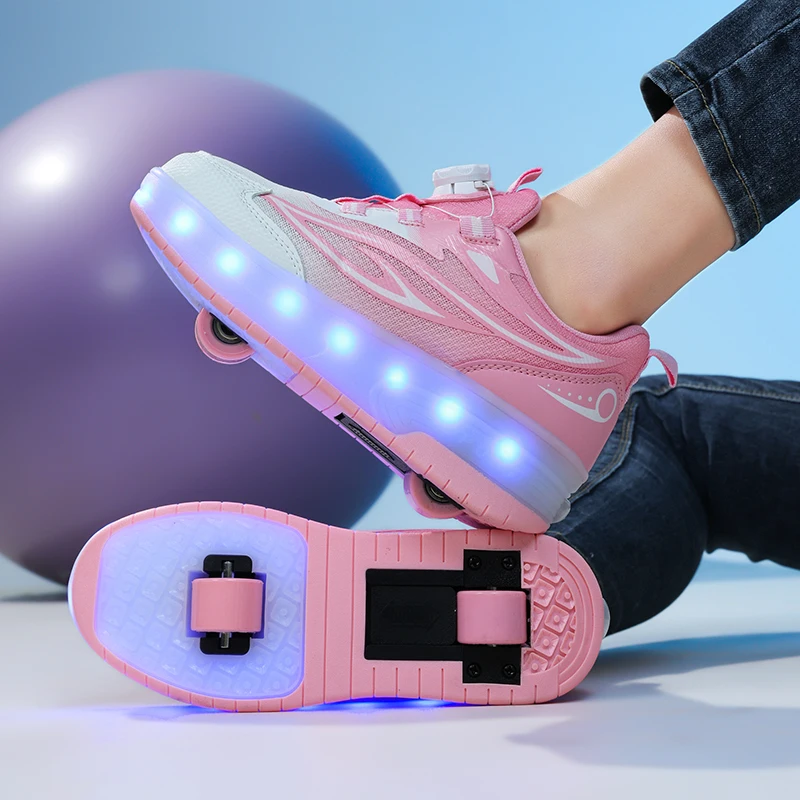 子供の変形ホイールスケートローラースケート靴 LED ライトスニーカー 2 輪カジュアル変形パルクール靴