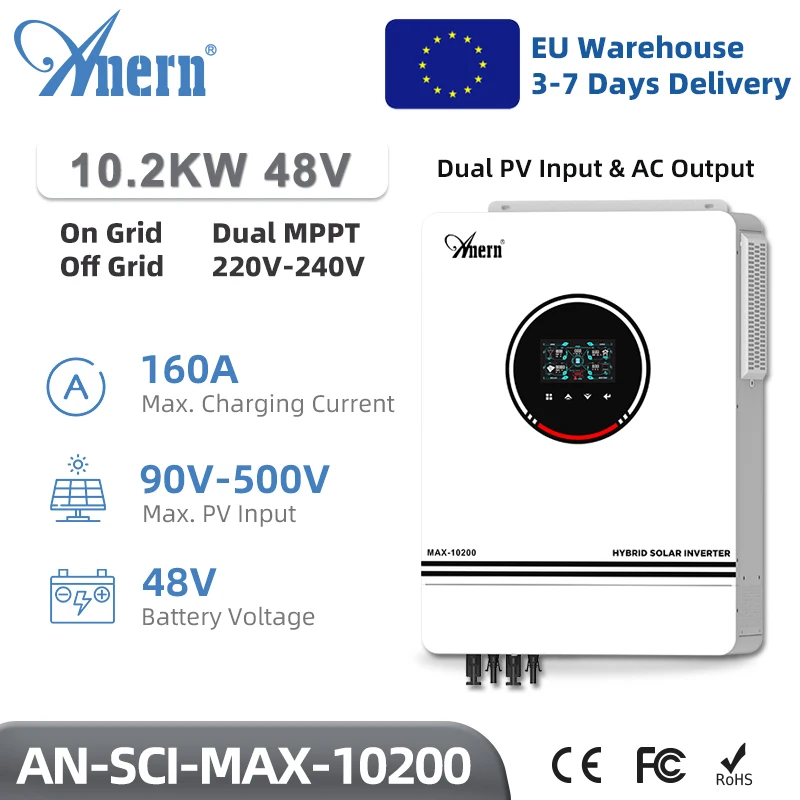 

Hybrid Solar Inverter 10200W 48V Pure Sine Wave 230V 10.2KW On Grid Off Grid Inverter with Dual MPPT 160A Solar Charger EU Stock