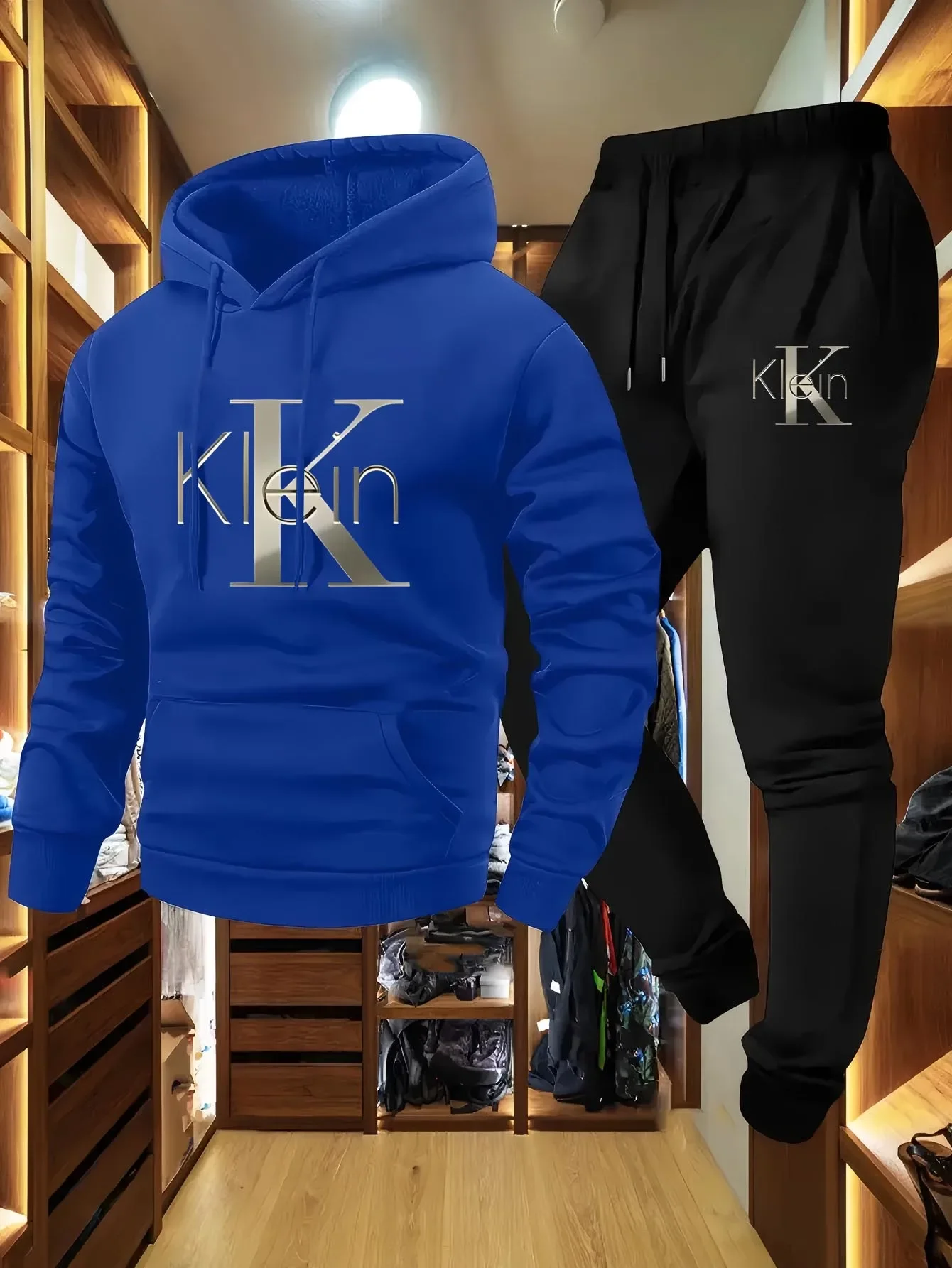 Completo casual da uomo in due pezzi con motivi autunnali e invernali, felpa con cappuccio, pantaloni lunghi con tasche, tuta sportiva da esterno