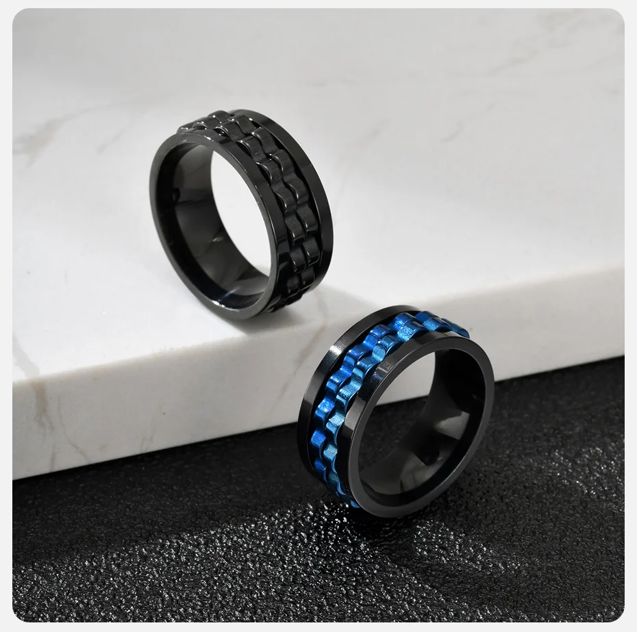 Vnox 8mm Drehbarer Schwarz/Blauer Zahnrad-Fidget-Ring für Männer und Jungen, Edelstahl Anti-Stress Angst-Spinner-Ring, Punk-Schmuck Geschenk – Detail 6