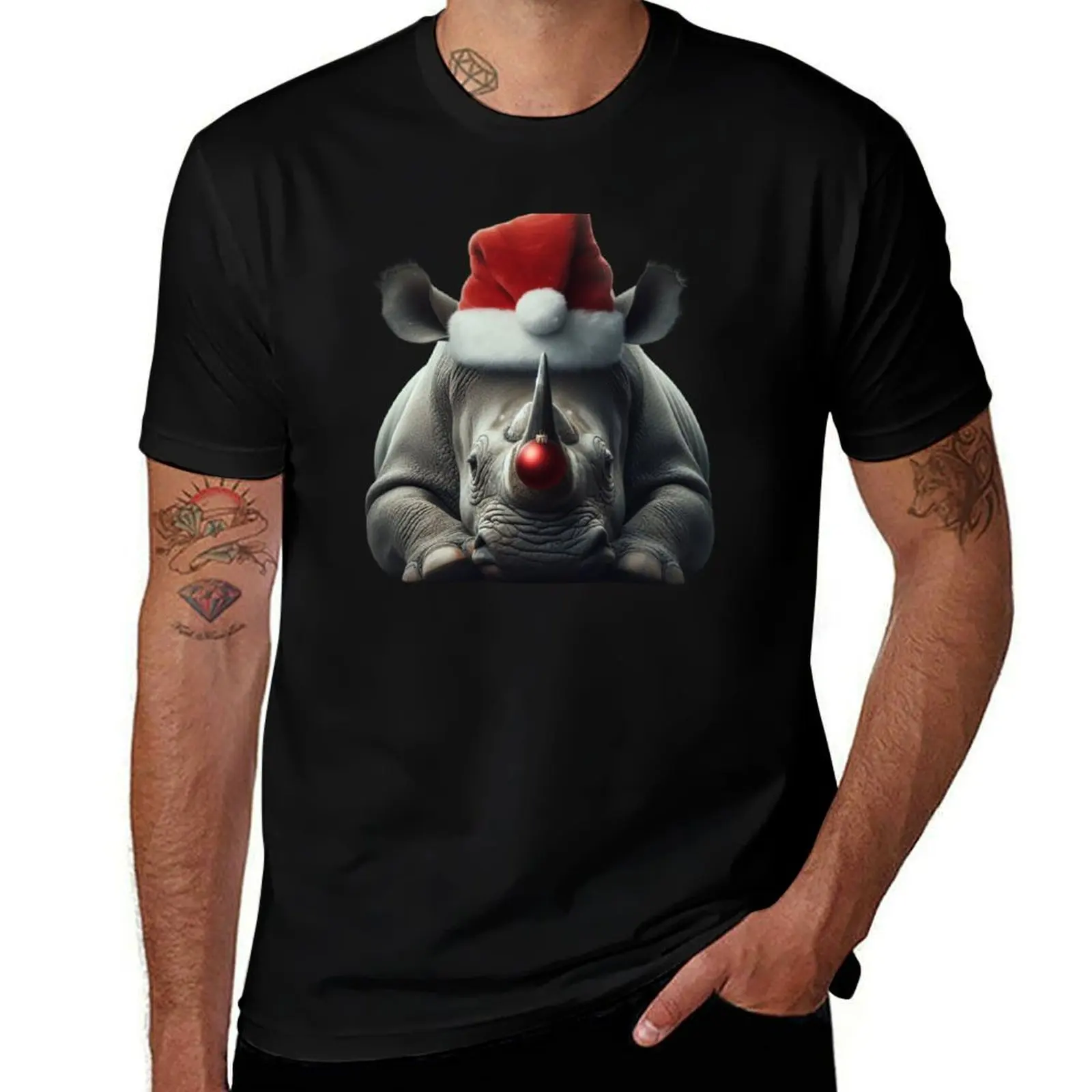 christmas rhino T-Shirt t shirts for man graphic funny t shirts designer cotton tshirt 100% T-Shirt