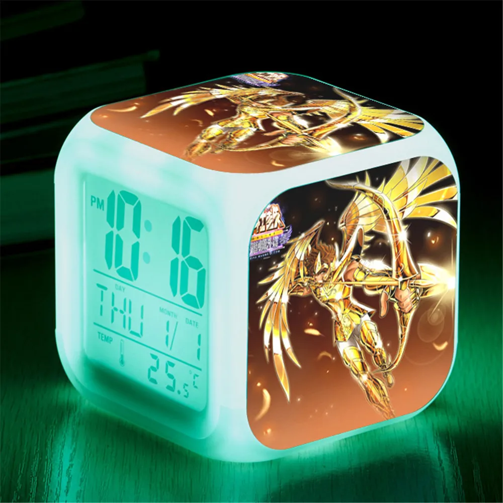 Anime Saint Seiya Alarm Clock Shiryu Saori Kido Phoenix Ikki Seiya Hyoga Figure Night Colorful Clock Kids Toys