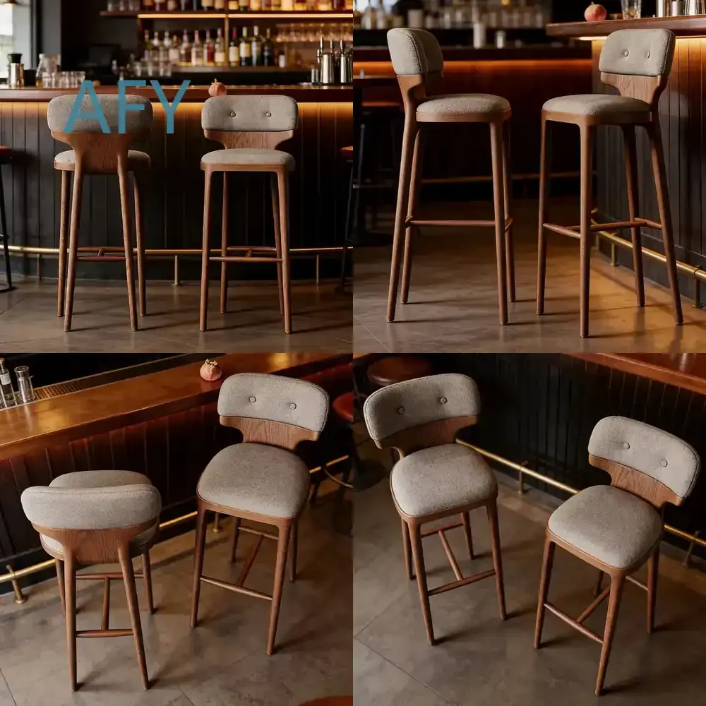 Solid Wood Bar Stool for Home Kitchen Coffee Shop Restaurant Hotel High Counter Height Chair Nordic Light Luxury Design