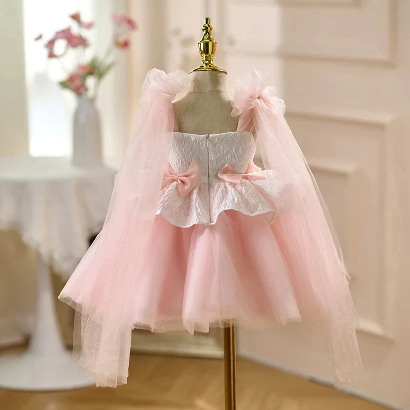 

Customized Pink Flower Girl Dress For Wedding Bow High Waist Sleeveless Knee Length Elegant Kids Birthday First Communion Gown