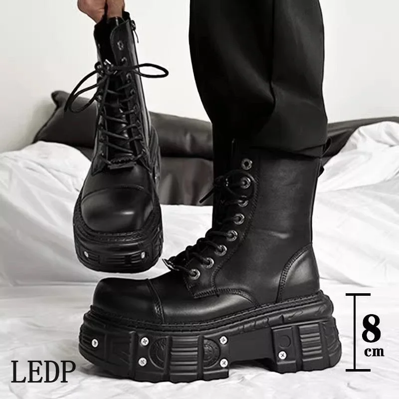 

LEDP Couple Platform Chelsea Boots Men's and Women's Punk Style Spring 2025 High Top Biker Boots Increase Head Work Boots Rivets