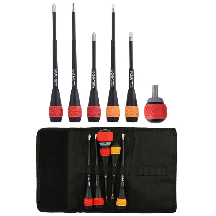 VESSEL 2200B 6-Piece Ball Handle Ratchet Screwdriver Set for Phillips and Slotted Screws Repair Hand Tools