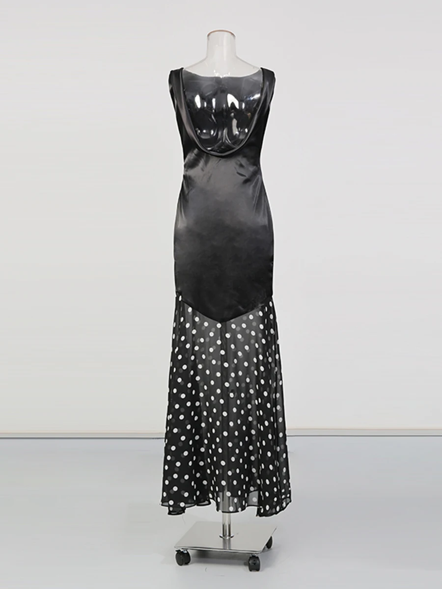 CHICEVER-vestido negro con estampado de puntos empalmados para mujer, cuello redondo, sin mangas, adelgazante, suave, intelectual, moda de verano