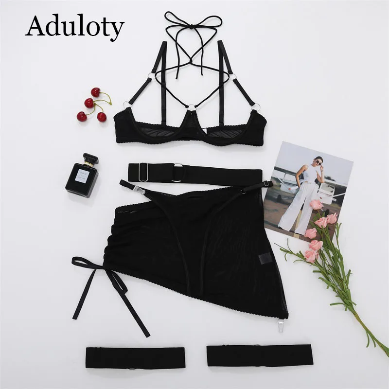 

Aduloty Women Sexy Lingerie Underwire Gathering Bra Strap Cross Hanging Neck Sexy Mesh Half Skirt Hollow Erotic Underwear Set