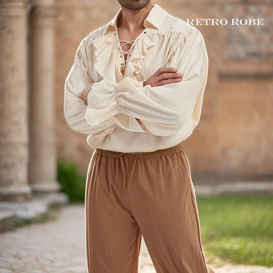 Punk & Gothic Medieval Renaissance Shirt Ren Faire Pirate Knight Ritter Viking Ruffle Solid Colored Plus Size Men's