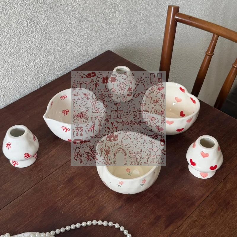 2Pcs Cute Exquisite Heart Decal Ceramic Matcha Set Handmade Ceramics Matcha Whisk Holder Matcha Bowl