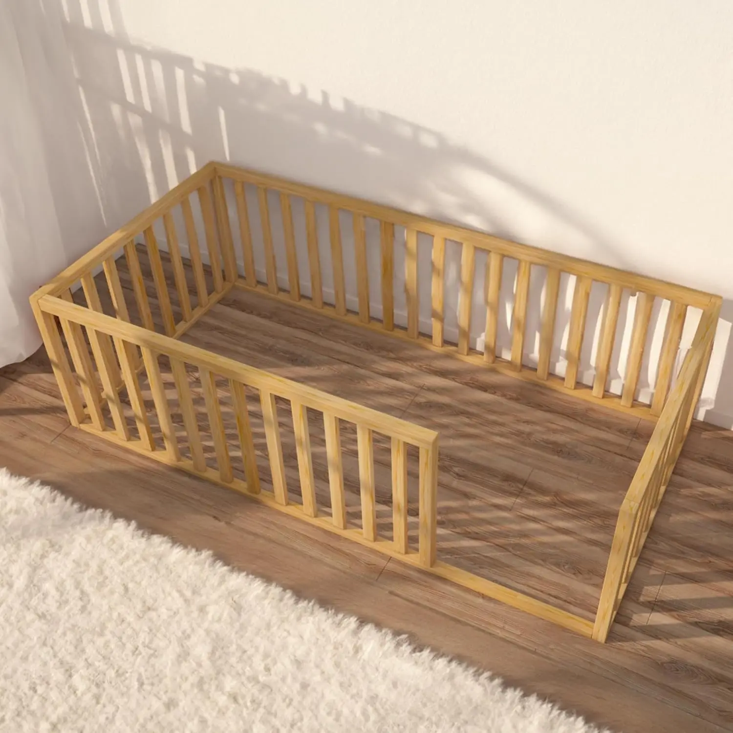 Montessori Floor For Kids | Toodlers Floor With Safety Guardrails | Pine Wood Baby  | Sturdy Wood Frame