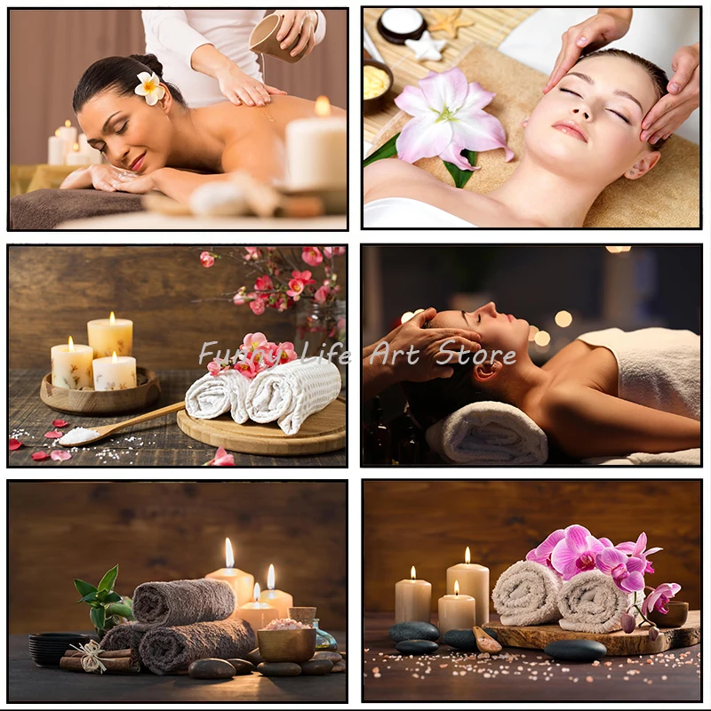 Zen Spa Body Massage Beauty Salon Candle Stone Flower Poster Prints Canvas Printing Wall Art Picture for Living Room Shop Decor