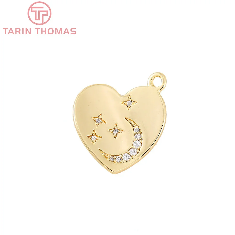 (5195) 4PCS 15x17MM 24K Gold Color Brass with Zircon Heart Charms Pendants High Quality DIY Jewelry Making Findings Accessories