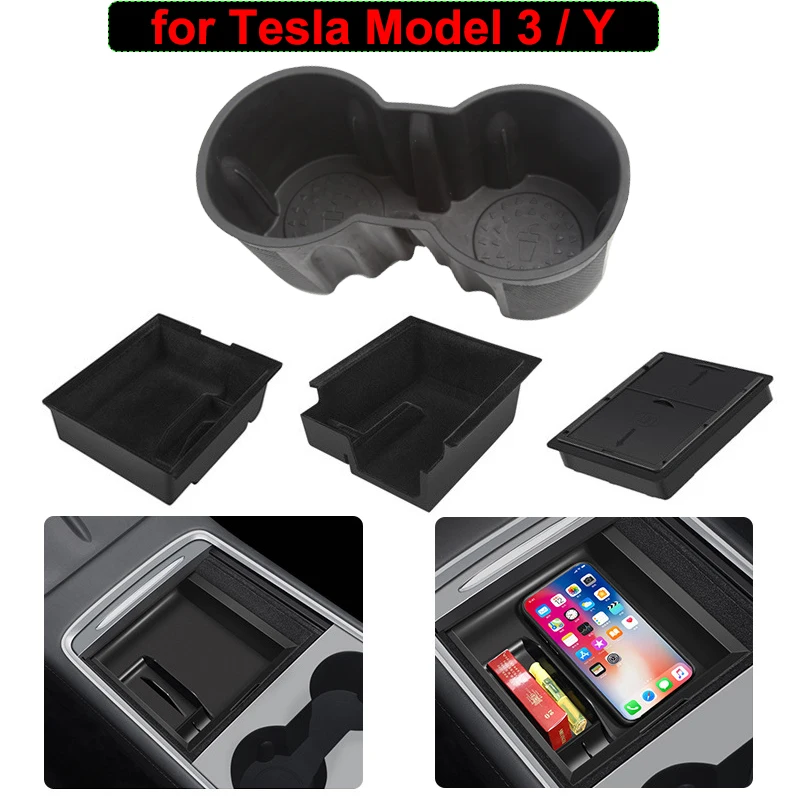 For Tesla Model Y 3 Interior Accessories Flocking Center Console Storage Organizer Box Tray Armrest Hidden Box Bins Cup Holder