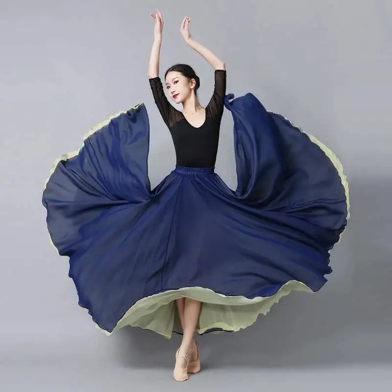 Gonna in chiffon Flamenco per le donne da ballo Gonne lunghe tinta unita da 720 gradi Ballerino Pratica Indossare gonna in stile cinese con orlo grande