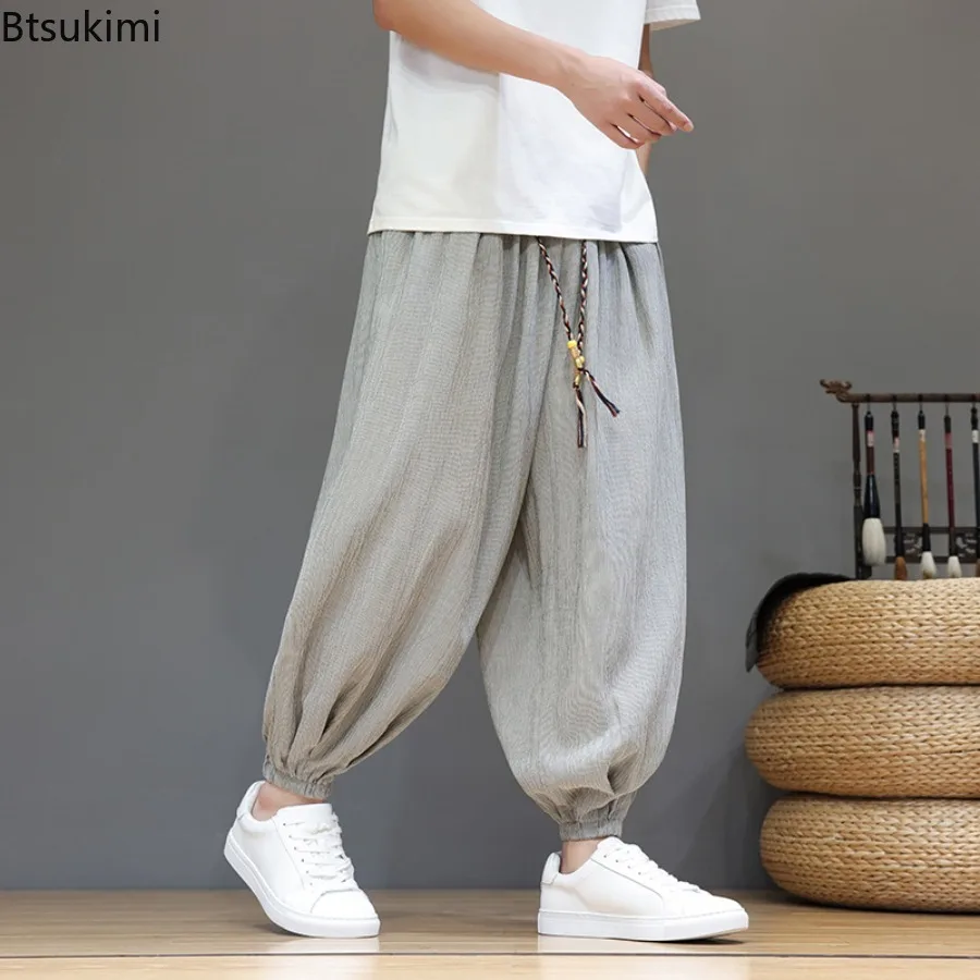 

Summer New Men's Loose Harem Pants Fashion Comfortable Ice Silk Wide Leg Casual Trousers Streetwear Chinese Male Sweatpants 5XL