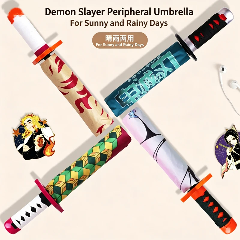 Paraguas Katana de Demon Slayer, Kimetsu No Yaiba, Estilo de Todos los Personajes, Paraguas Plegable con Forma de Espada, Doble Uso para Sol y Lluvia, Regalo Navideño