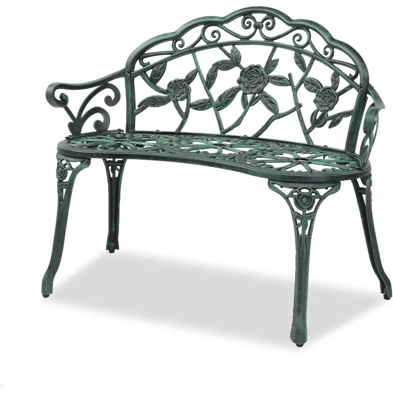 

VINGLI 38.5" Patio Park Garden Outdoor Metal Rose Bench,Cast Iron Cast Aluminium Frame Antique Finish Chair,Accented Lawn Front