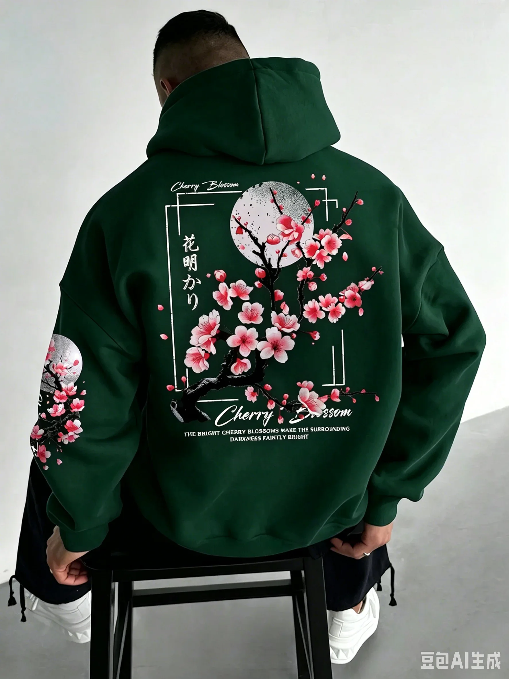 Herren Fleece-gefütterter Hoodie Herbst Winter Japanischer Kirschblüten-Druck Sweatshirt Locker Sitzender Streetwear Pullover Dicker Warmer Kapuzenpullover – Detail 4