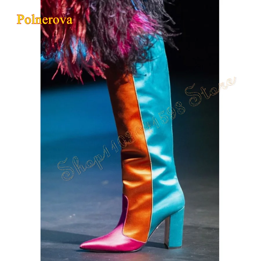 Color Block Pointed Toe High Heel Boots,Leather Suede Paneled Knee High Boots Thick Heel Women Boots2024 New Zapatos Para Mujere