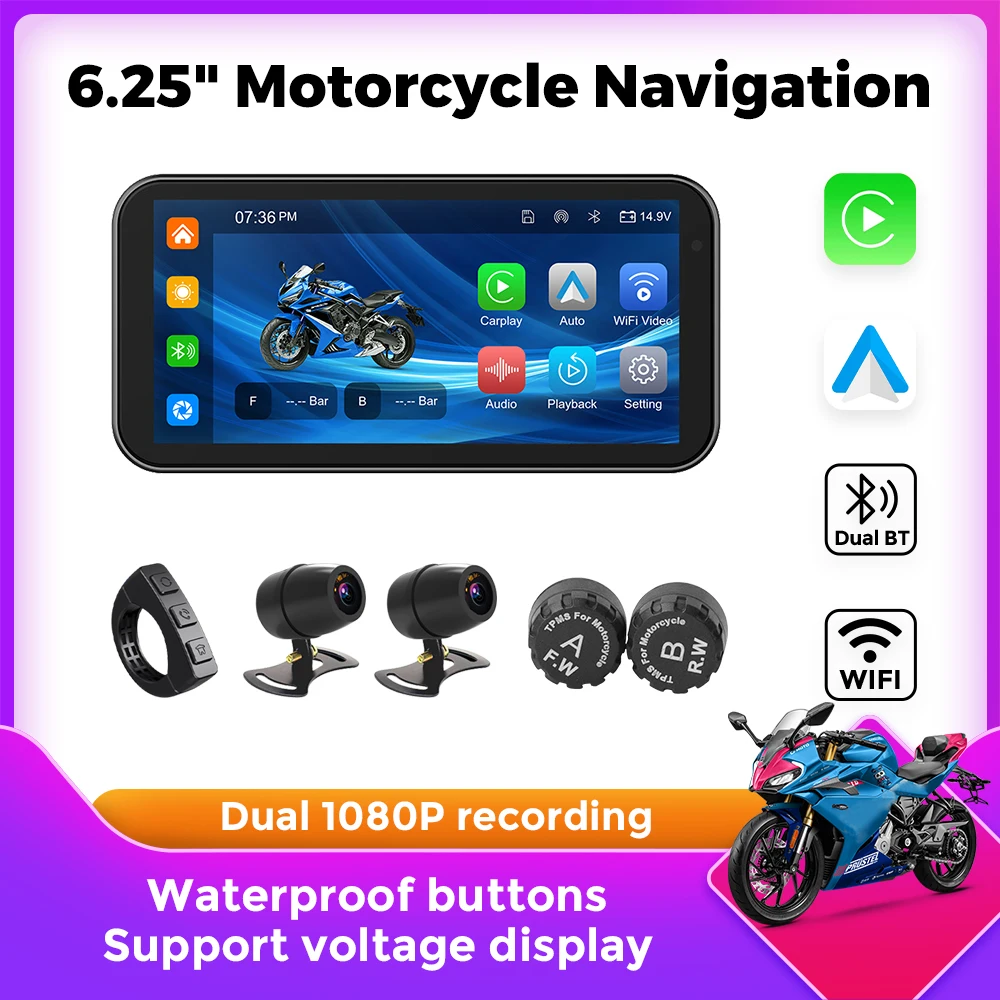 6.25 inch Motorcycle GPS Navigation With Remote control TPMS Dual 1080P Recording IP67 Waterproof moto Car play Android Auto BT