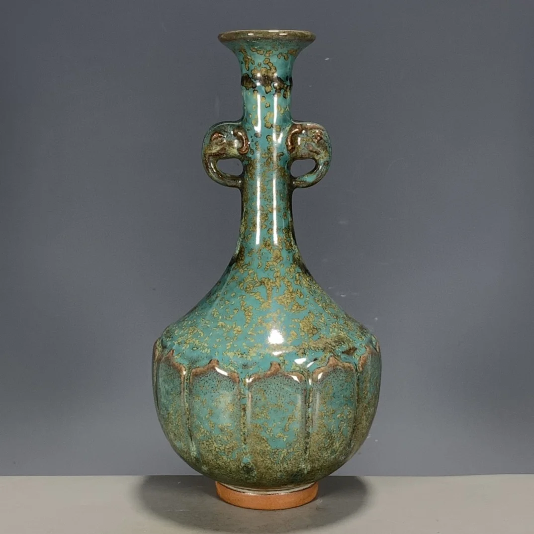 Vintage Style Kiln Glaze Ceramic Vase - Chinese Double Elephant Ear Flame Bottle Zen Wabi Sabi Home Shelf Entryway Decor