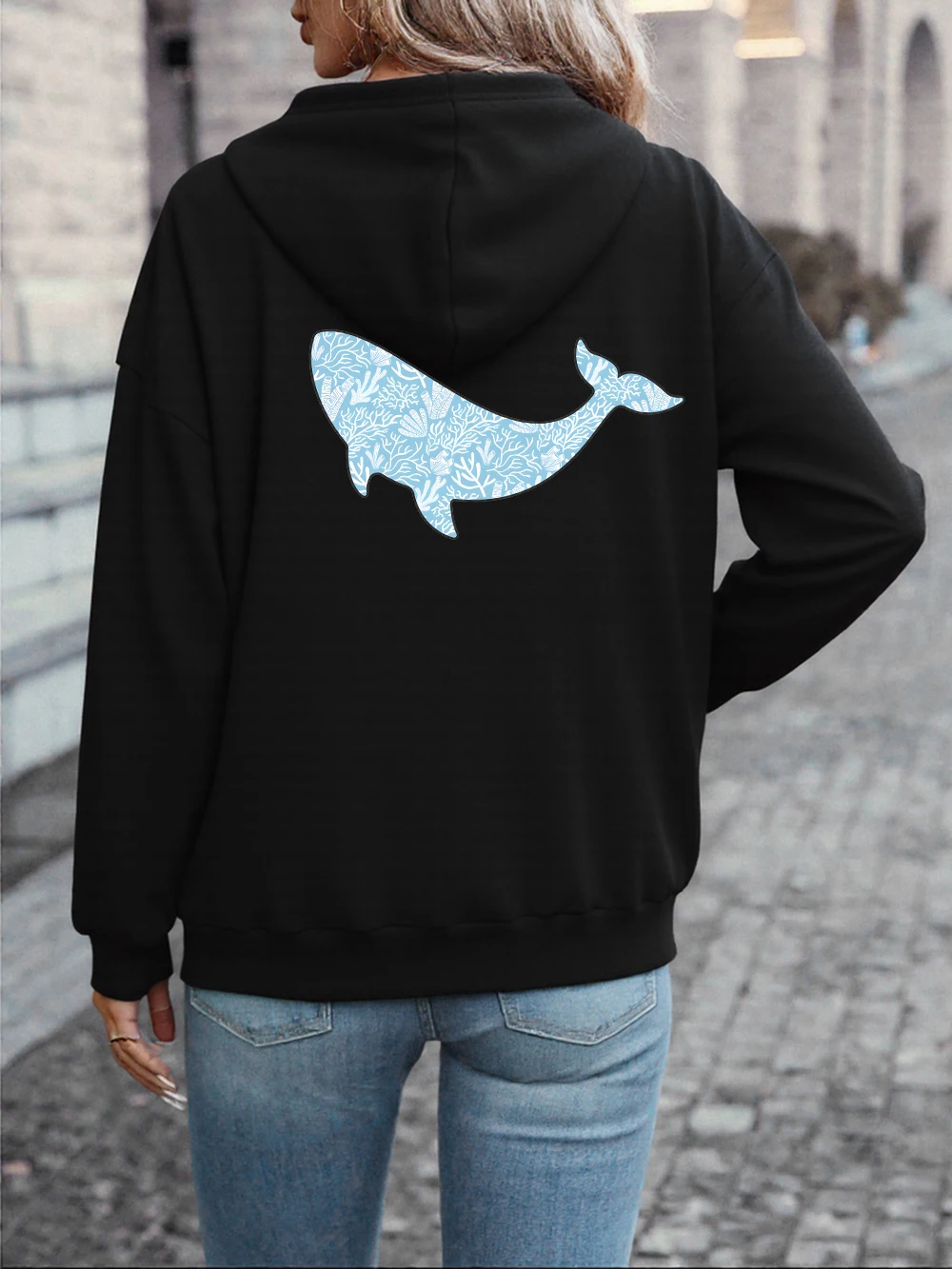 سويت شيرت نسائي بقلنسوة من القطن بتصميم الحوت المستوحى من المحيط مثالي للخريف والشتاء للنزهات اليومية وعشاق الطبيعة #5