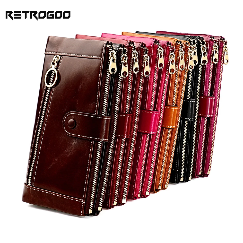 RETROGOO Fashion Women's Wallet Genuine Leather Female Clutch Long Wallet Ladies Purse Phone Bag Zipper Coin Pocket Money Bag